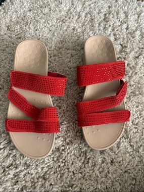 Vionic Alexis Red Strappy Embellished Platform Wedge Slide Sandals